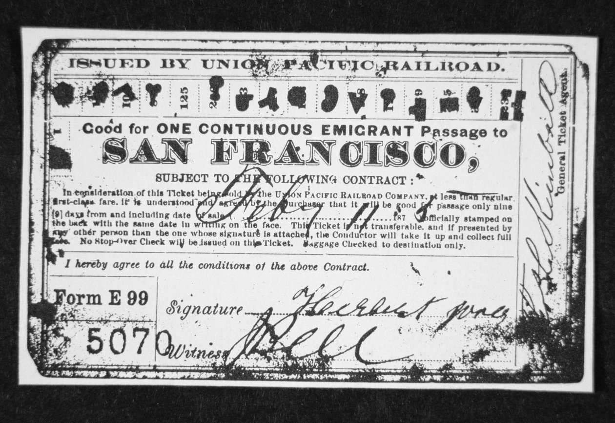 Billet de chemin de fer bon marché pour émigrants, vers 1870 - American School