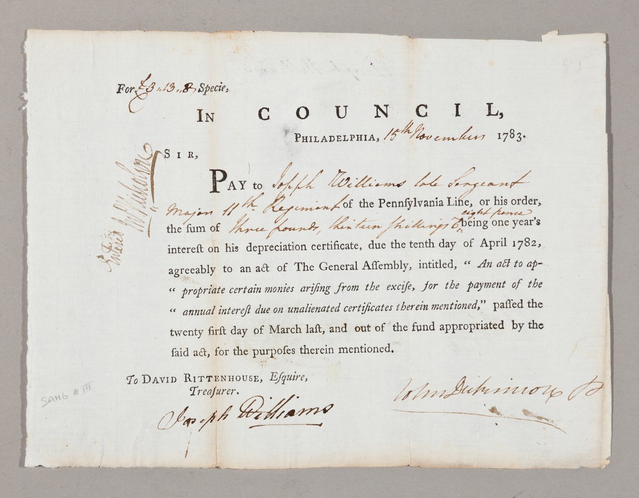 Chèque de trois livres et treize shillings à Joseph Williams, 13 novembre 1783 - American School