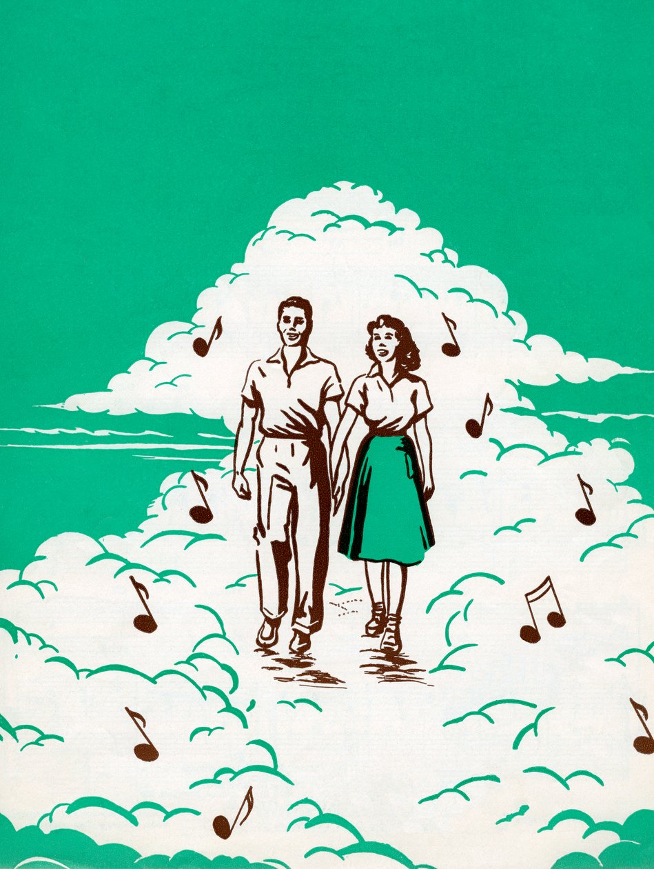 Couple marchant dans les nuages entouré de notes musicales - American School