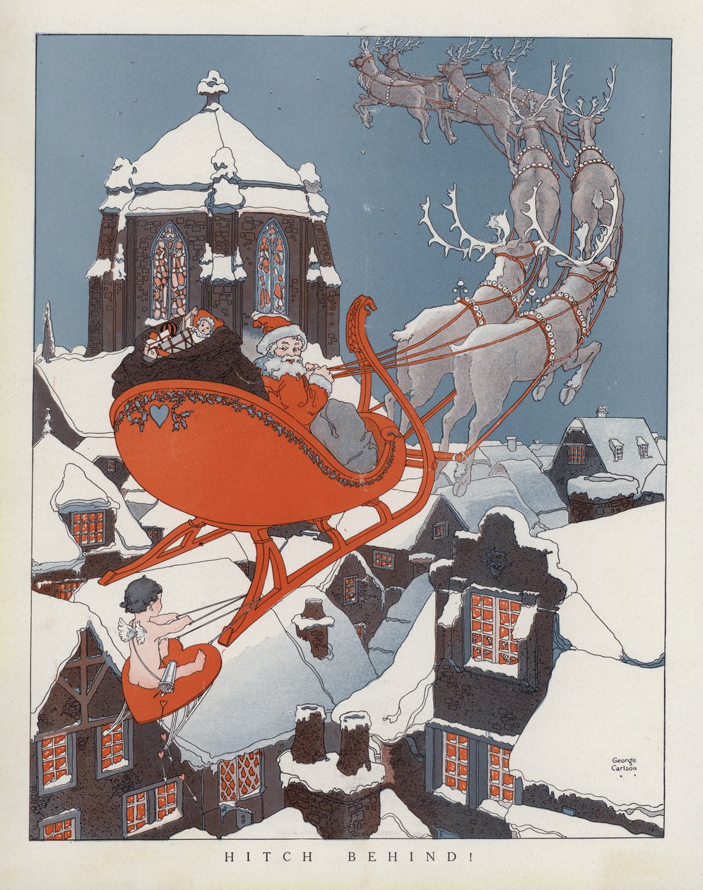 Cupidon sur le traîneau du Père Noël (lithographie couleur) - American School
