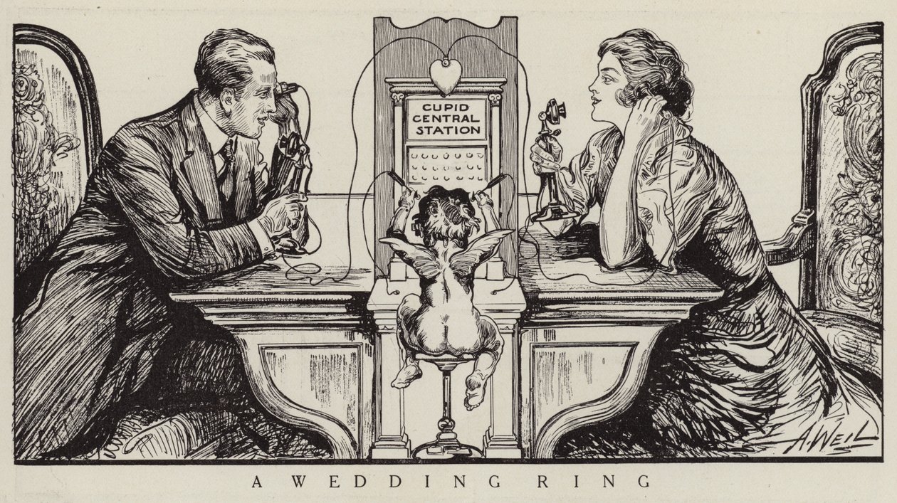 Cupidon orchestrant un appel téléphonique entre un homme et une femme (litho) - American School