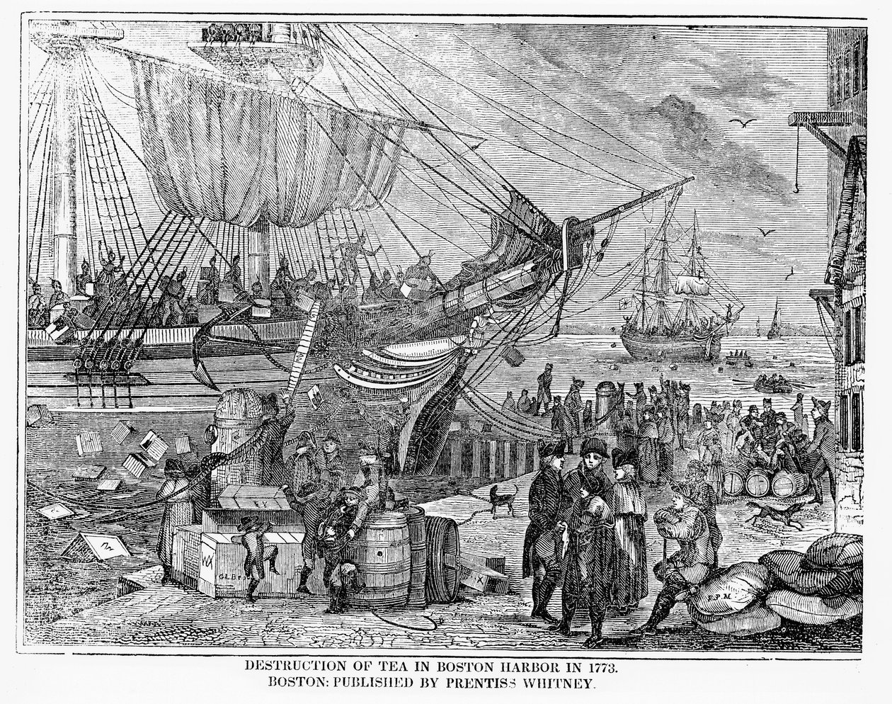 Destruction du thé dans le port de Boston en 1773 - American School