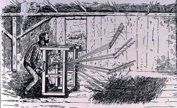 Premières tentatives de machines à battre, illustration de The Growth of Industrial Art, 1892, de The Pageant of America, Vol.3, par Ralph Henry Gabriel, 1926 - American School