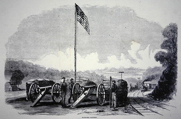 Batterie de sacs de sable fédérale pour protéger le chemin de fer pendant la guerre civile américaine (1861-65) - American School