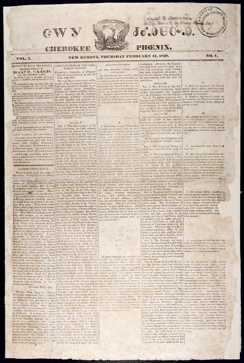 Première page du Cherokee Phoenix, 21 février 1828 - American School