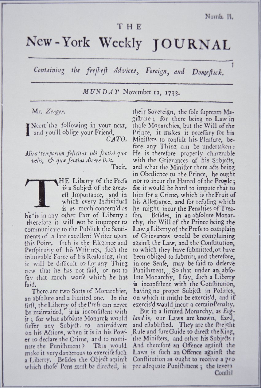 Première page du New-York Weekly Journal discutant de la liberté de la presse - American School