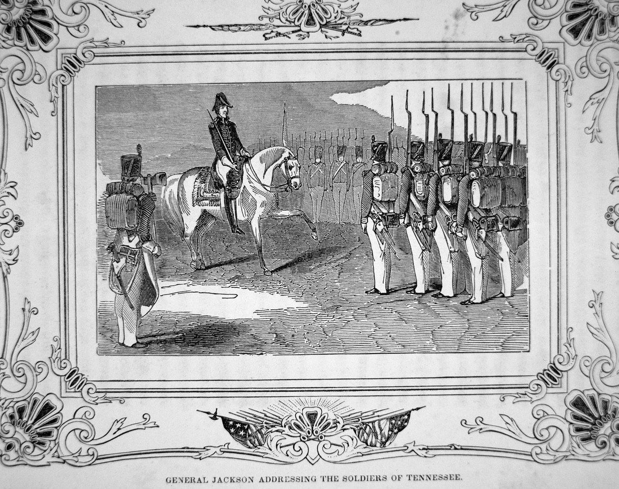 Le général Andrew Jackson parle à la milice du Tennessee avant la bataille de Horsehoe Bend, 27 mars 1814 - American School