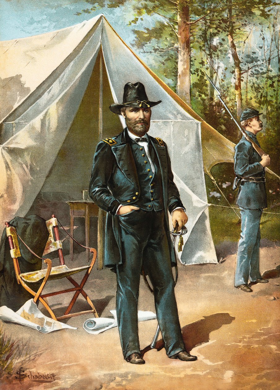 Le général Ulysses S. Grant devant sa tente pendant la guerre civile américaine, publié en 1892 - American School