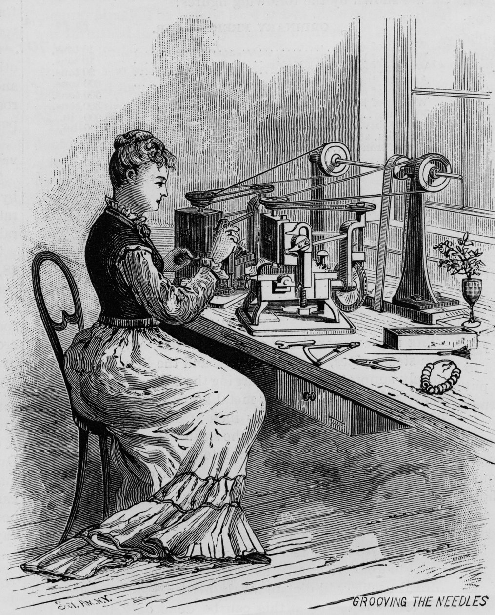 Grooving the Needles, illustration montrant la fabrication de machines à coudre de la revue Scientific American, 1879 - American School
