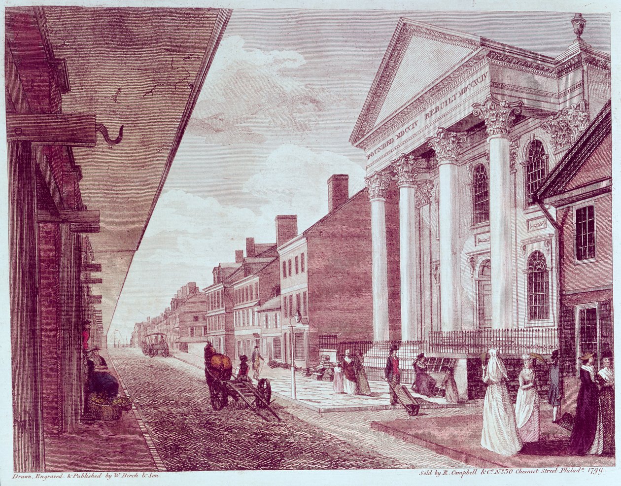 Rue principale avec la première église presbytérienne, Philadelphie, 1799 - American School