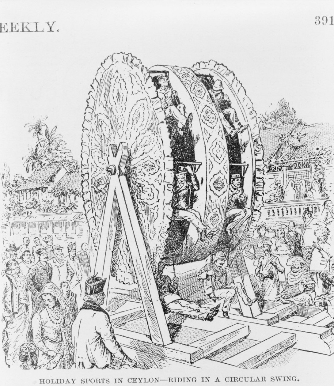 Sports de vacances à Ceylan, monter dans une roue circulaire, vers 1893 (illustration) - American School