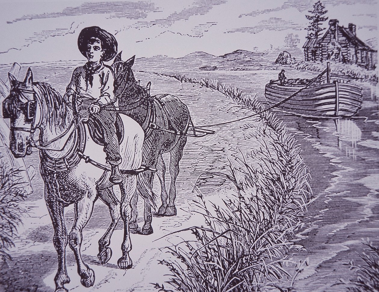 Chevaux tirant un bateau de canal sur le chemin de halage, canal Érié - American School