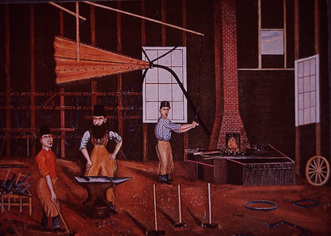 John Mohler Studebaker (centre), fabricant de chariots germano-américain dans son atelier, vers 1858 - American School