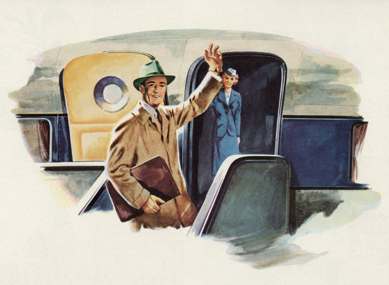 Homme faisant ses adieux en montant dans un avion - American School