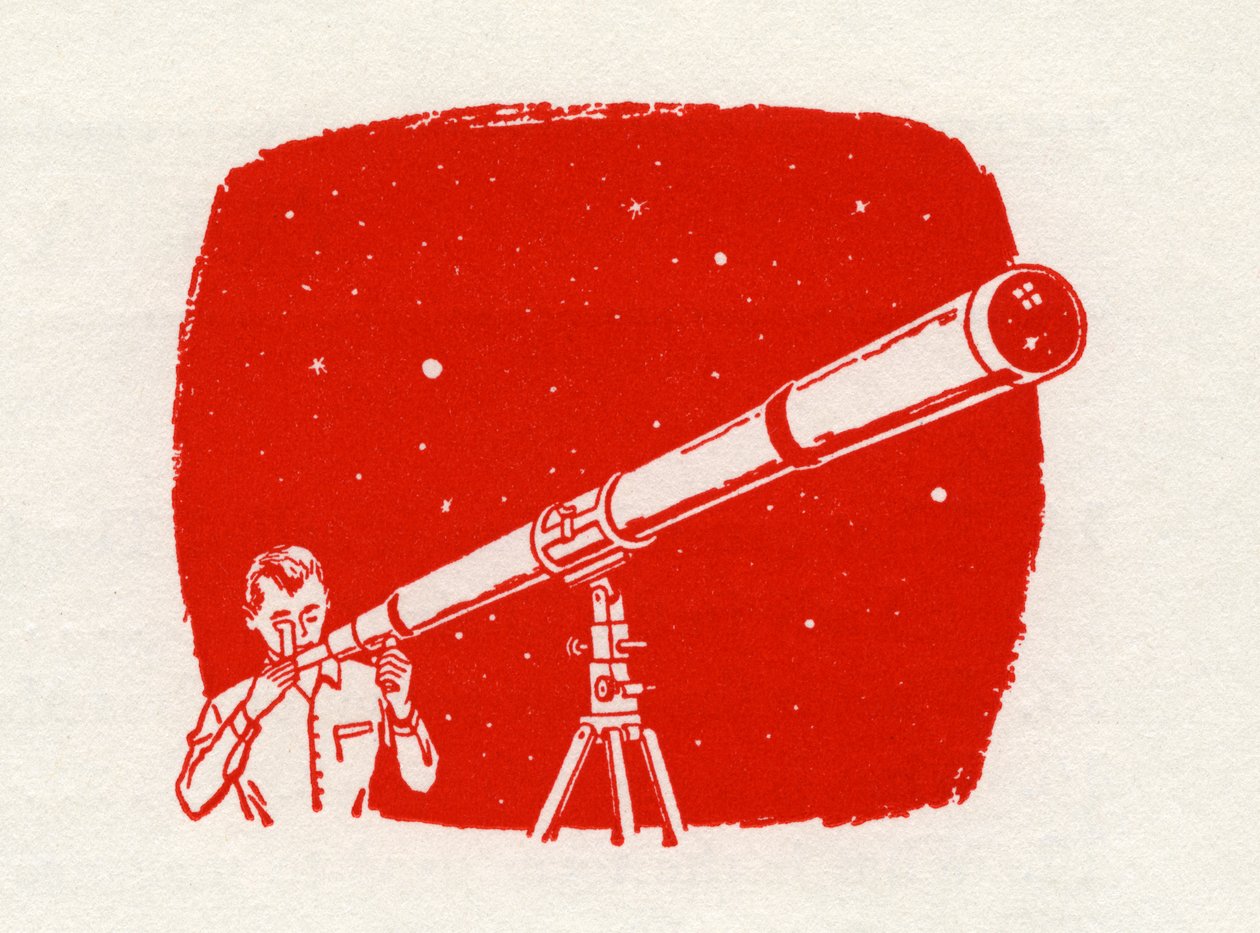 Homme avec télescope regardant les étoiles - American School