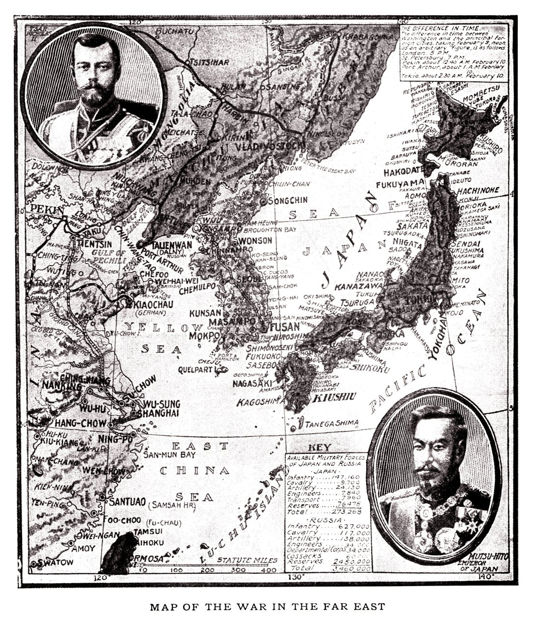 Carte de la Russie orientale, de la Corée et du Japon pendant le conflit russo-japonais (1904-1905). En médaillon, Tsar Nicolas II de Russie (1868-1918) et Empereur Meiji du Japon (1852-1912). Illustration dans "Russia and Japan and a complete history of t - American School