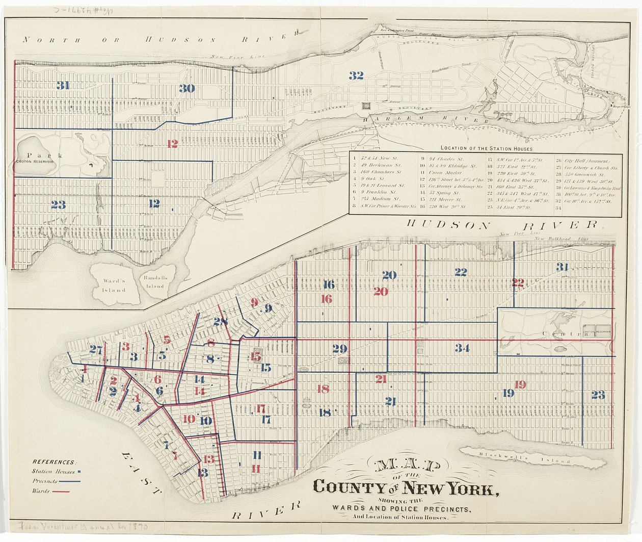 Carte du Comté de New York, montrant les Quartiers et les Commissariats de Police, et l