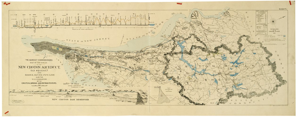 Carte du nouvel aqueduc de Croton, ancien aqueduc et pipeline de la rivière Bronx ainsi que les bassins versants de Croton, Bronx - American School