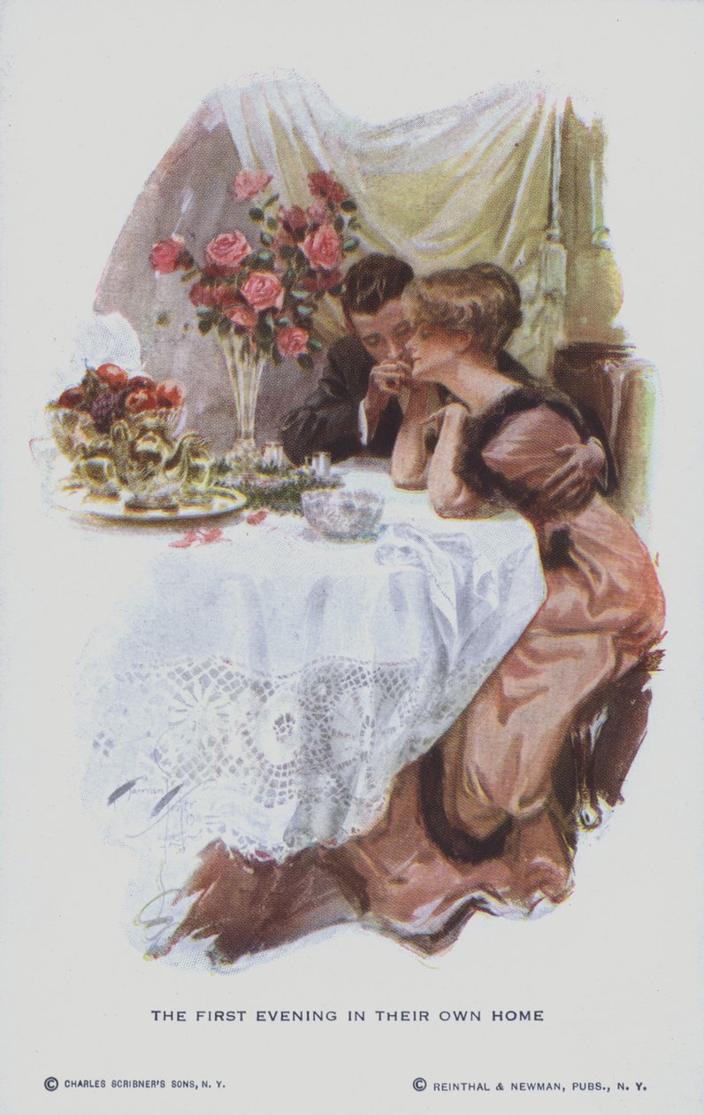 Couple marié profitant de la première soirée dans leur nouvelle maison (lithographie couleur) - American School