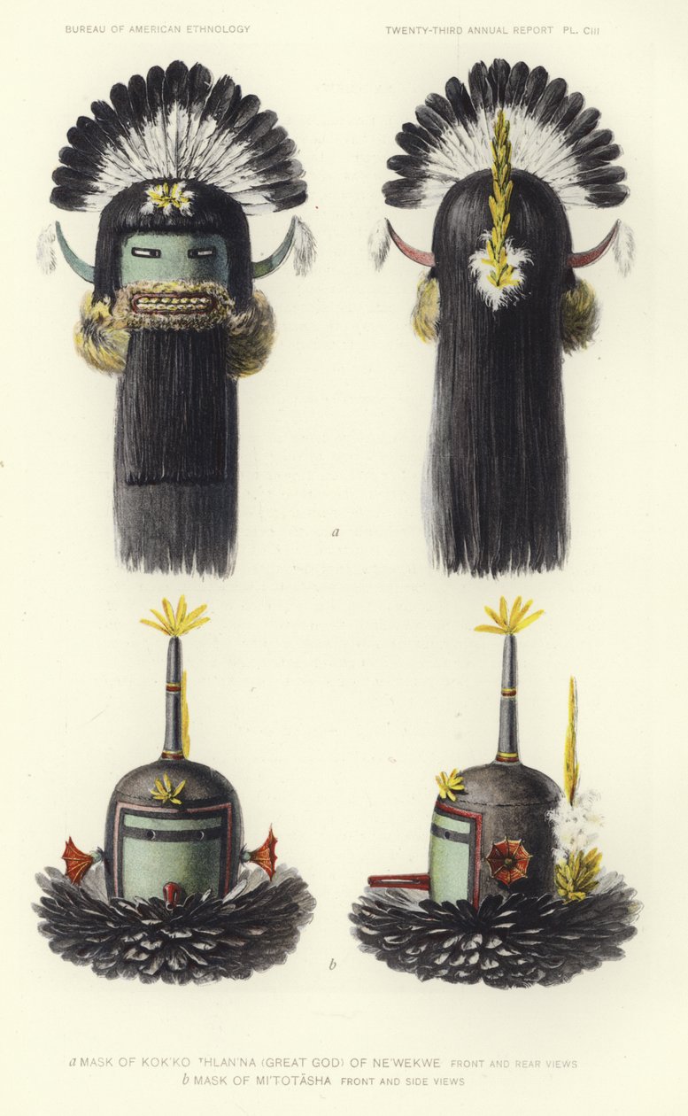 Masque de Kokko Thlanna (grand dieu) de Newekwe (lithographie couleur) - American School