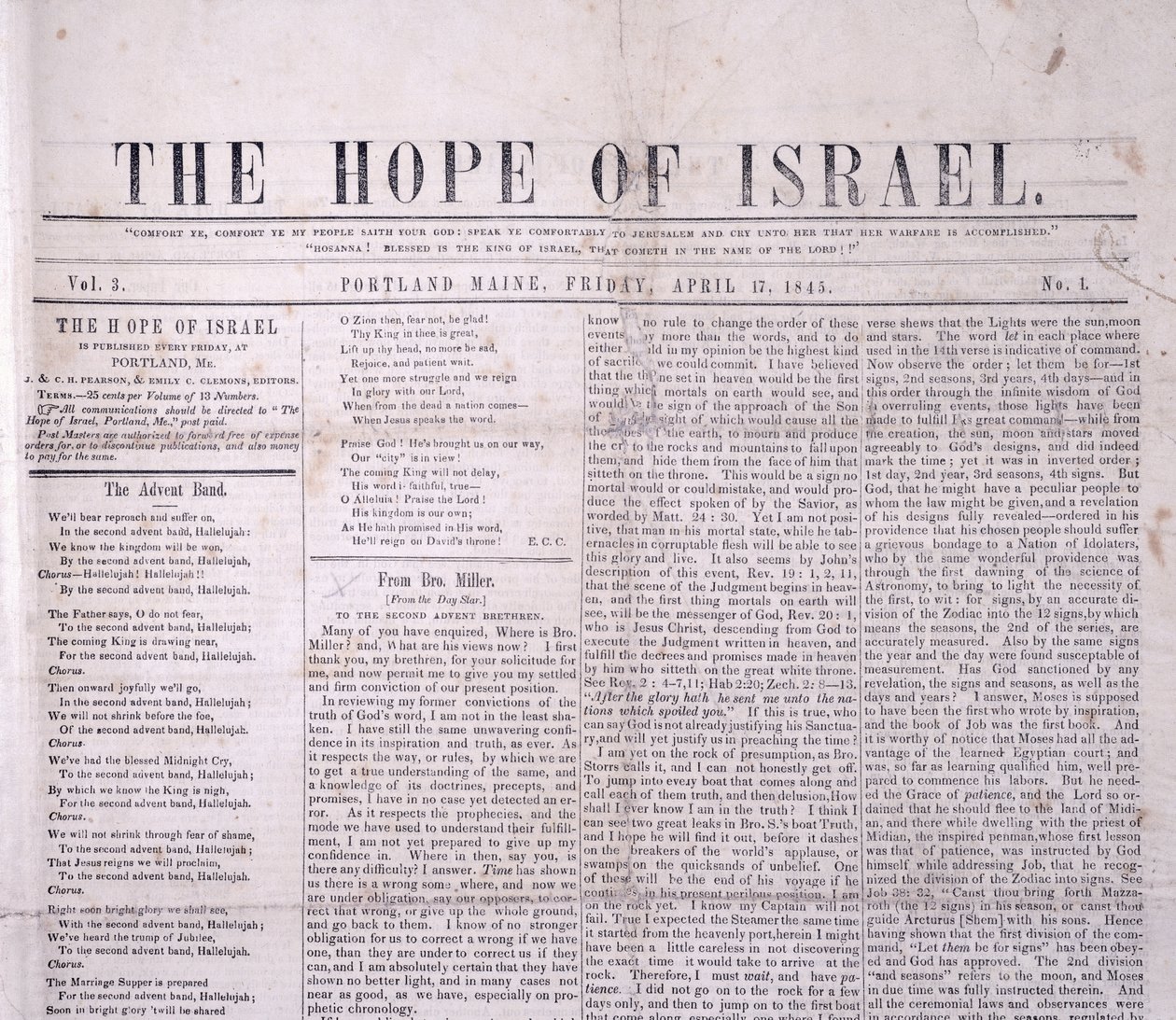 En-tête de The Hope of Israel, imprimé à Portland, Maine le 17 avril 1845 - American School
