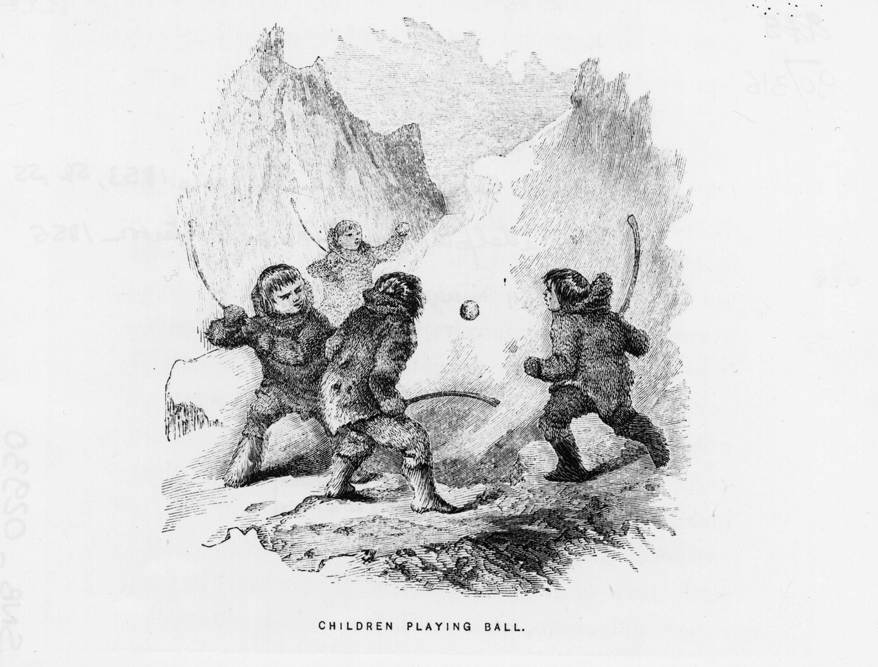 Pôle Nord : enfants jouant à un jeu de balle sur la banquise - Elisha Kent Kane ; Exploration arctique dans les années 1853-1855 (Philadelphie, Childs et Peterson) - American School