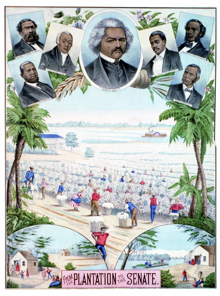 Plantations au Sénat : illustration représentant des travailleurs noirs dans les plantations de coton et des sénateurs noirs dans le sud des États-Unis. - American School