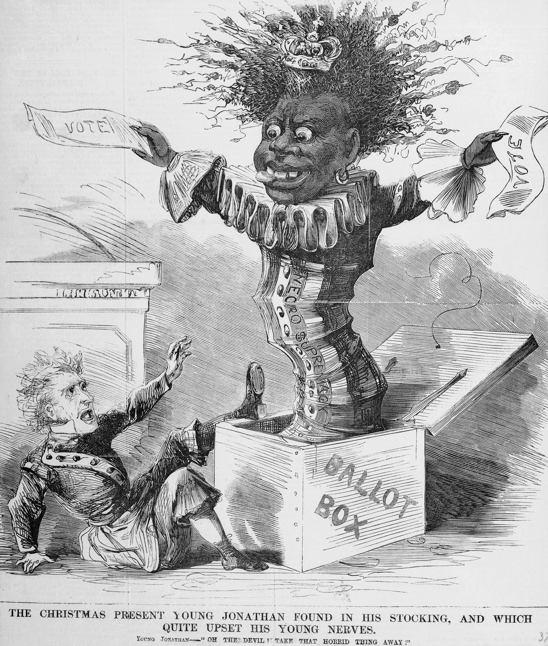 Dessin politique représentant le président Andrew Jackson effrayé par la perspective du vote noir en Amérique - American School