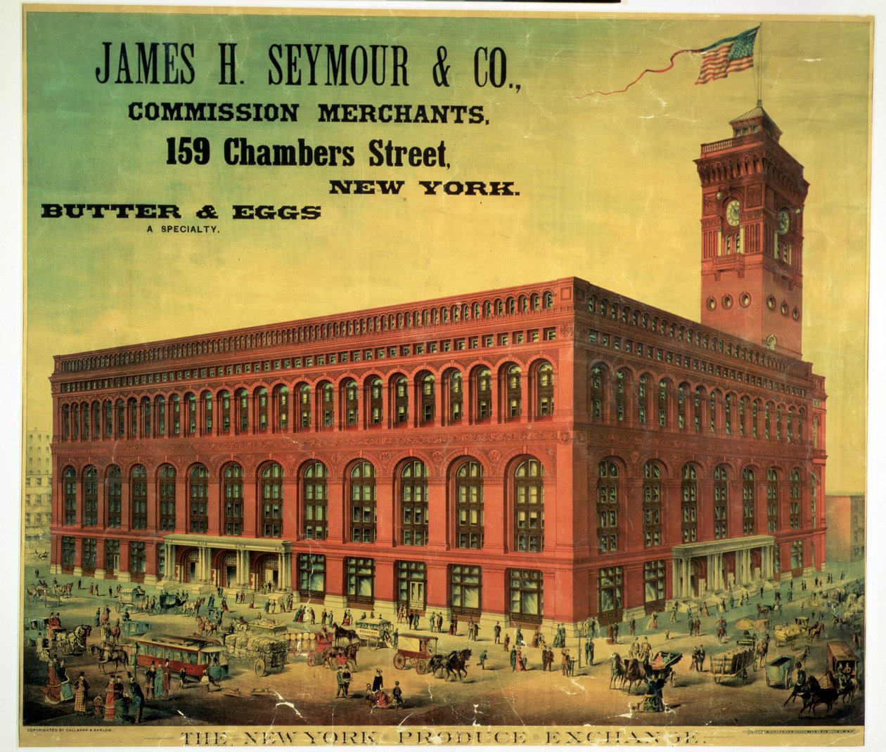 Affiche publicitaire pour James H. Seymour & Co. Commission Merchants à la New York Produce Exchange, gravée par Sacket, Wilhelms et Betzig, vers 1885 - American School
