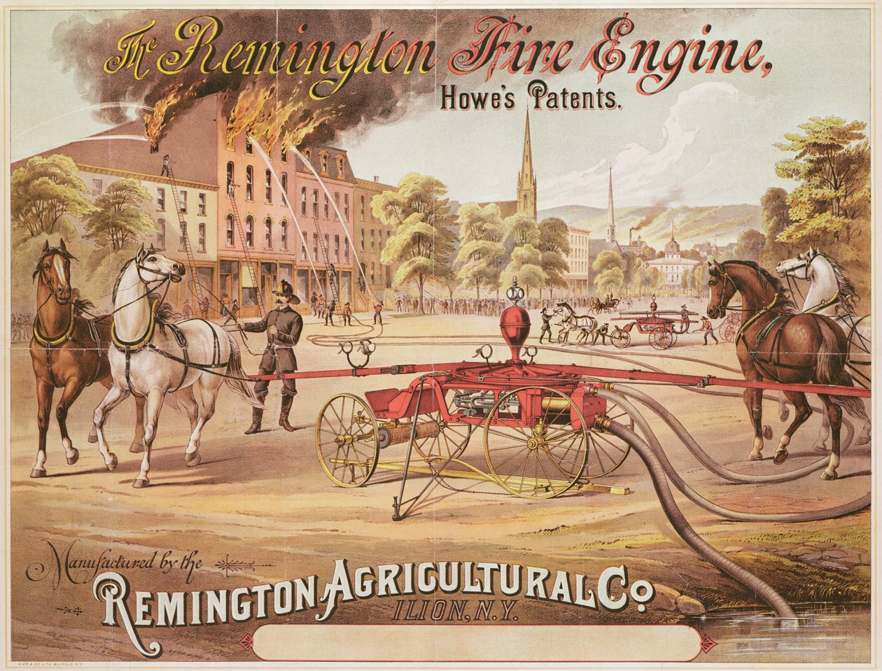Affiche publicitaire pour le Remington Fire Engine fabriqué par la Remington Agricultural Company, vers 1890 - American School