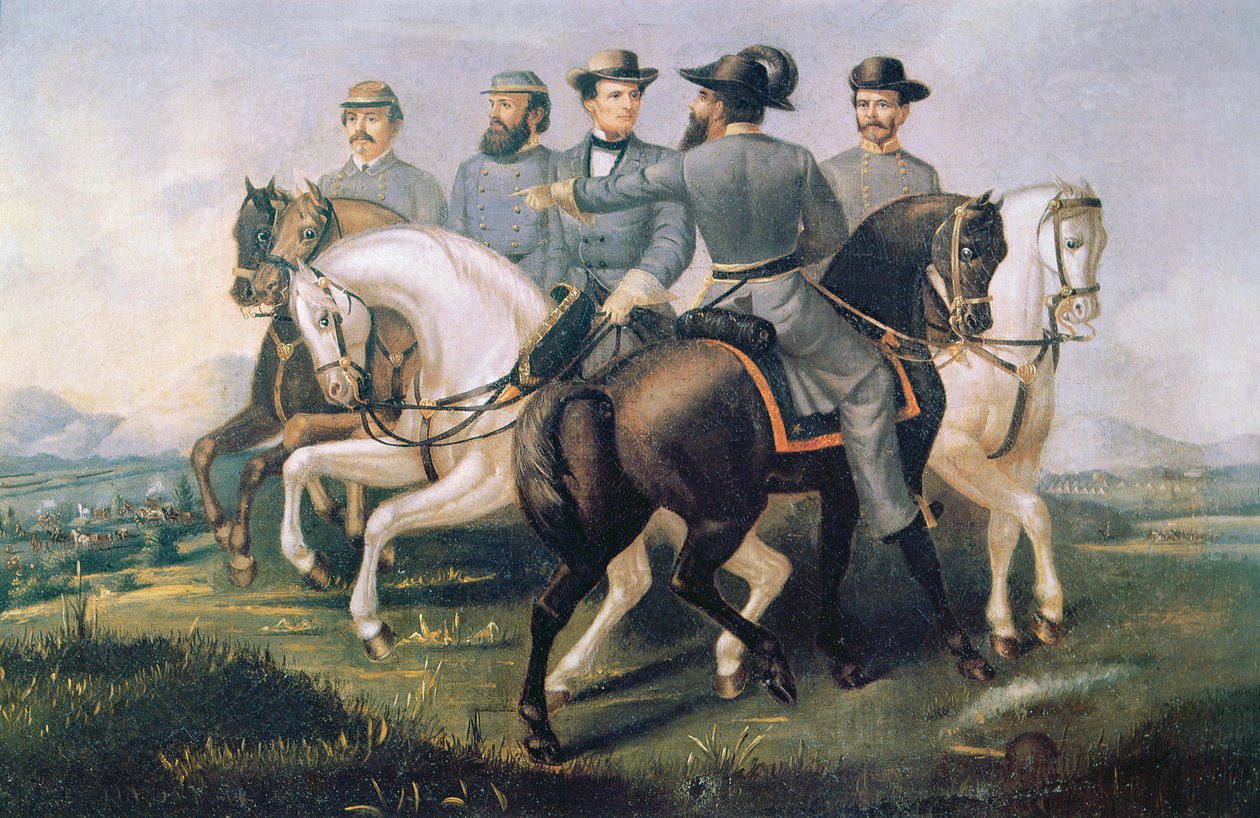 Président des États Confédérés pendant la guerre civile américaine, avec ses généraux - American School