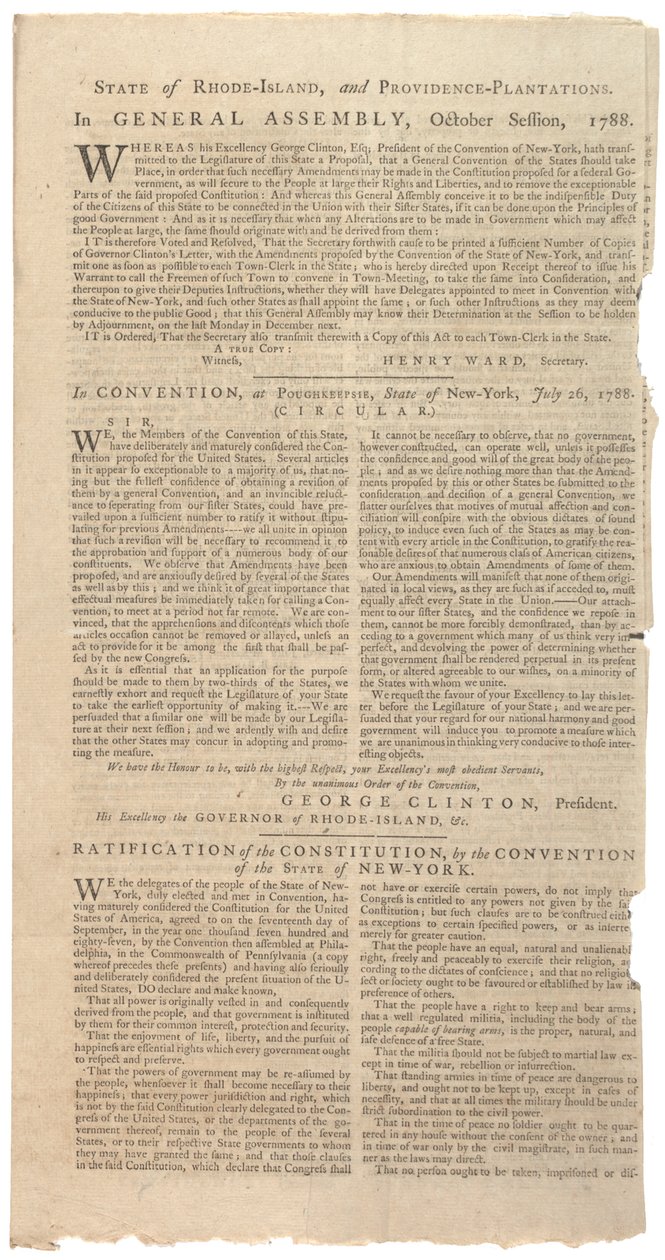 Résolutions imprimant la proposition de NYS pour des amendements à la Constitution, octobre 1788 - American School