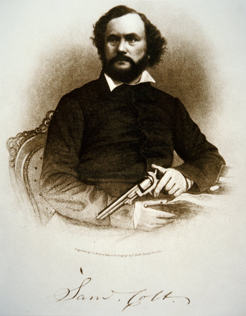 Samuel Colt tenant un de ses revolvers à percussion - American School