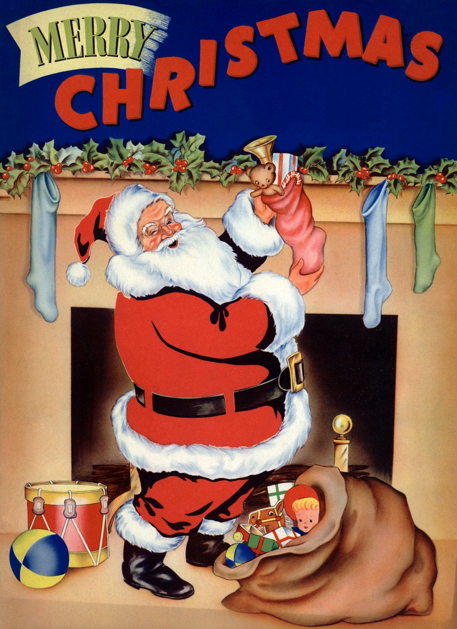 Le Père Noël remplit les bas de jouets la veille de Noël - American School