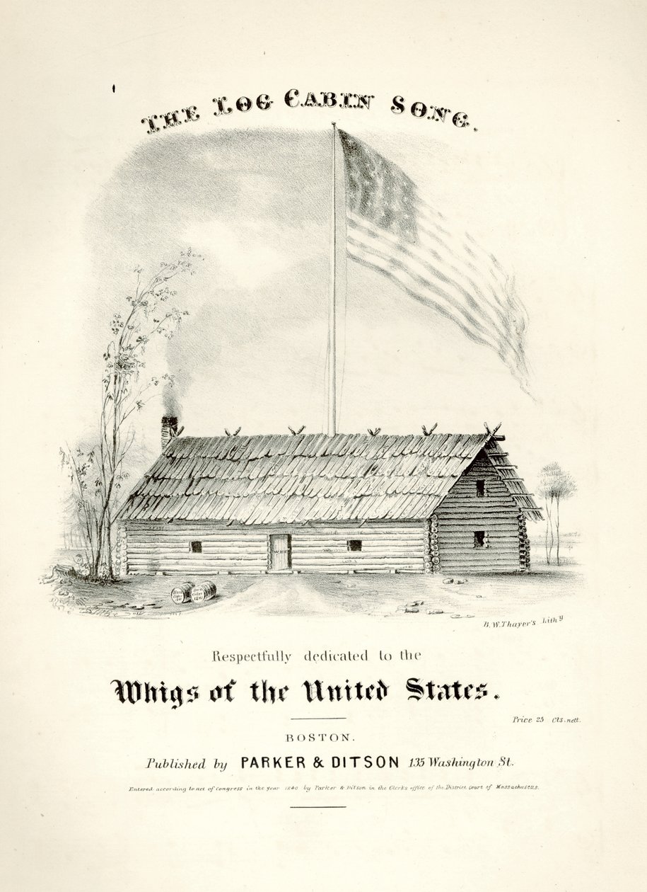 Couverture de la partition musicale pour The Log Cabin Song..., publiée par Parker & Ditson, Boston, 1840 - American School