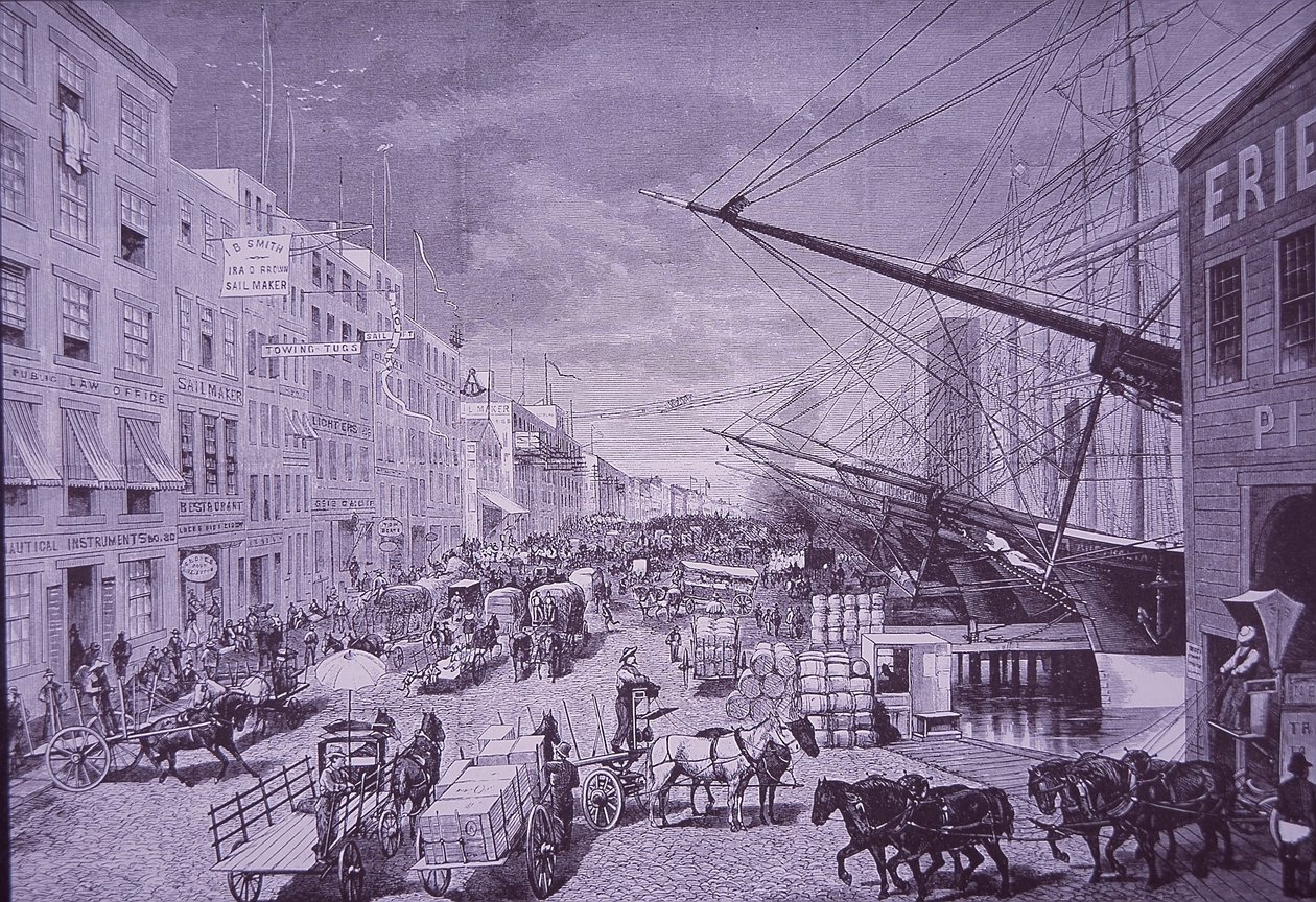 South Street Seaport dans les années 1870, New York (gravure) - American School