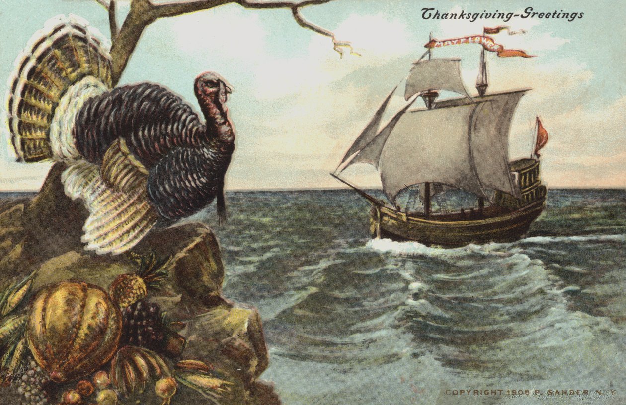 Carte de vœux de Thanksgiving (lithographie couleur) - American School