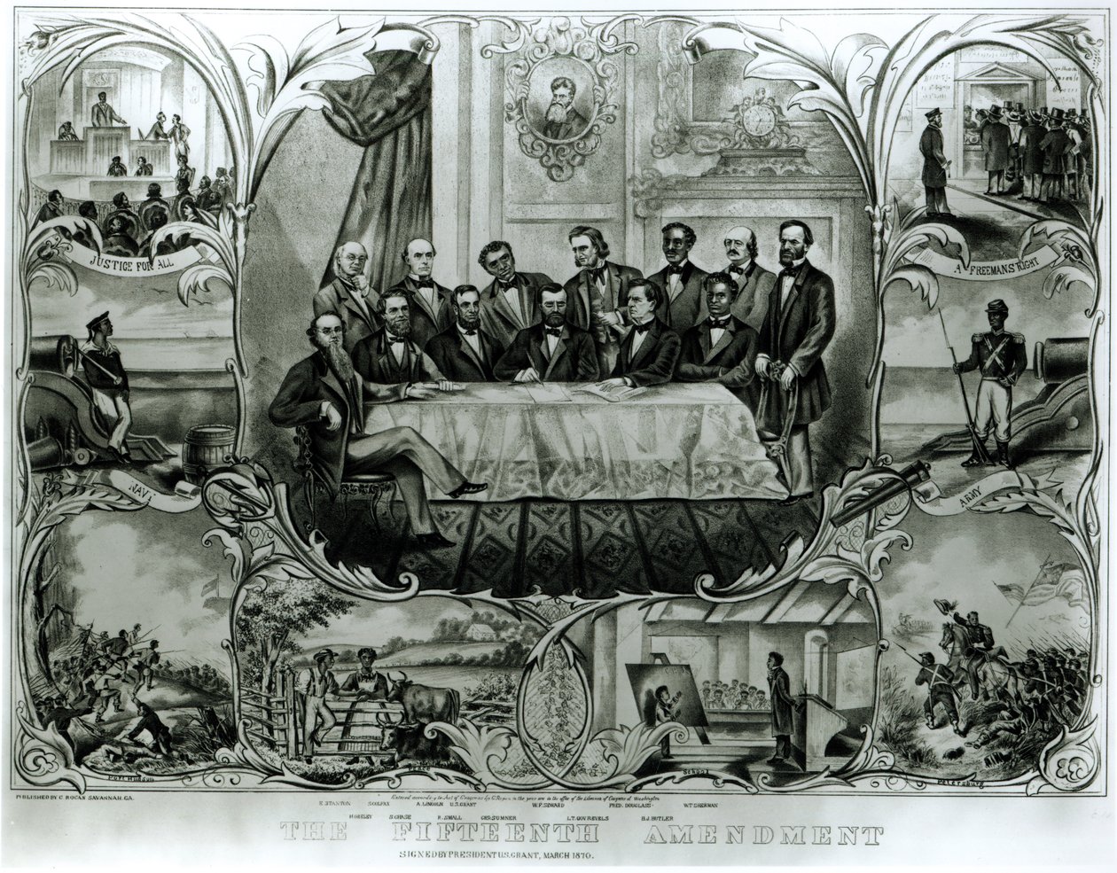 Le quinzième amendement, signé par le président Ulysses S. Grant (1822-85) mars 1870 - American School
