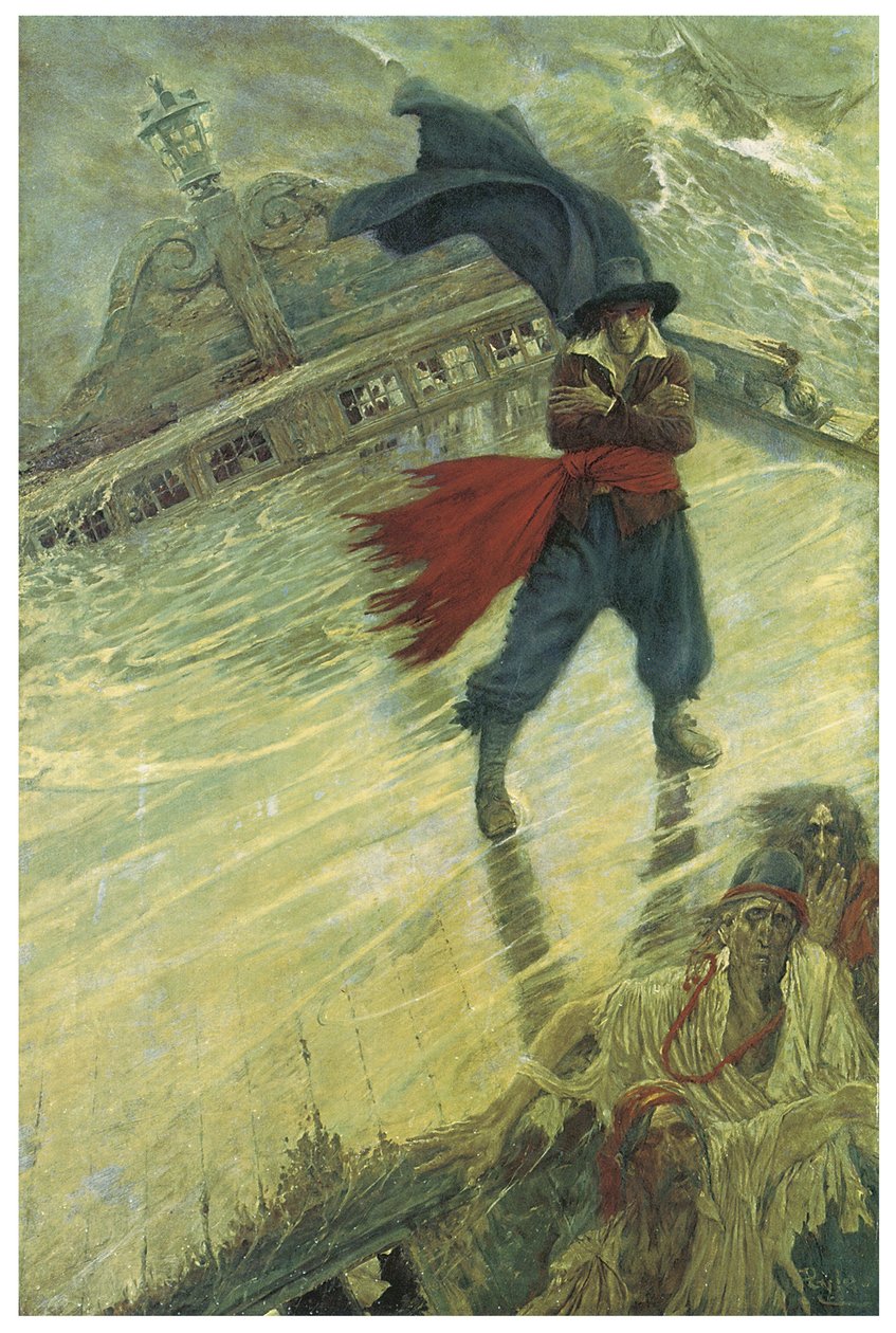 La légende du vaisseau fantôme ou du Hollandais volant : un commandant néerlandais voulant tenter le sort aurait été condamné à errer sur son navire pour toujours, apportant malheur aux navires croisant sa route Illustration de Howard Pyle (1853-1911) de C - American School