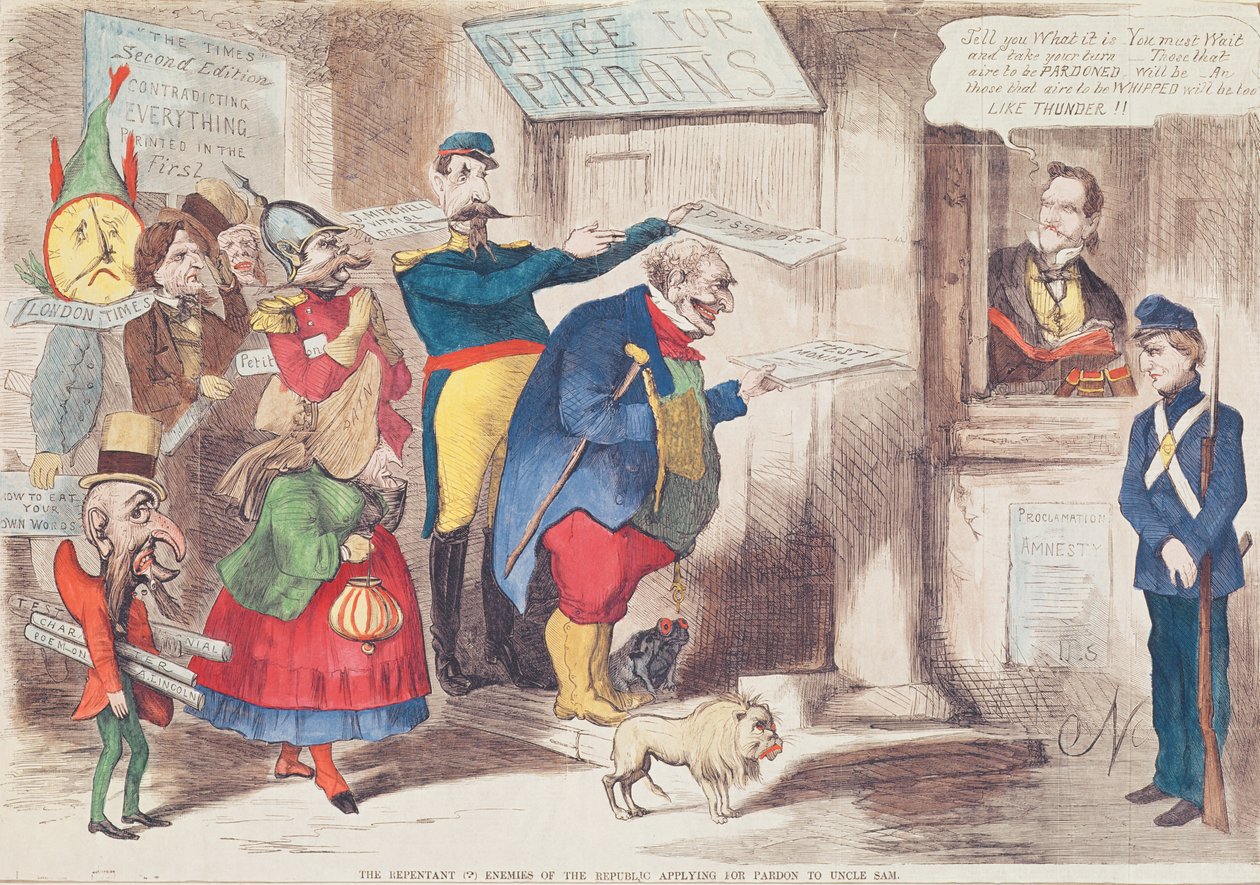 Les ennemis repentants (?) de la République demandant pardon à Oncle Sam, 1869 - American School
