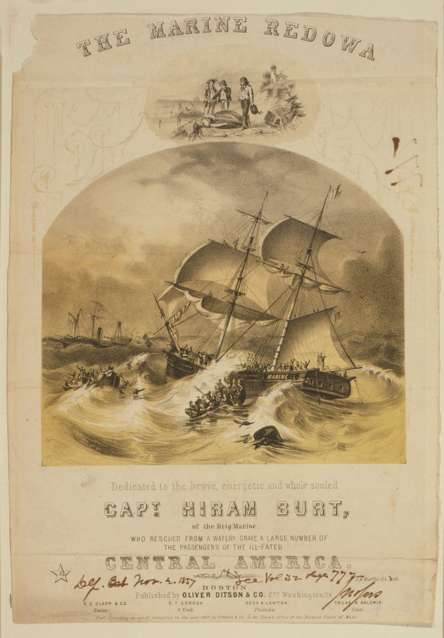 Le brig Marine sauvant des passagers dans des canots de sauvetage du steamer SS Central America après avoir été pris dans un ouragan au large des Carolines en septembre 1857. Plus de 550 noyés et 30 000 livres (14 000 kg) d
