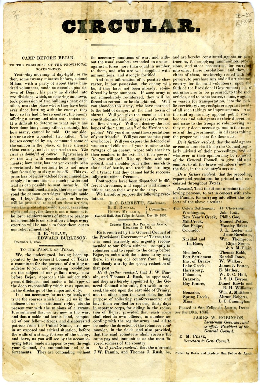Au peuple du Texas concernant le siège de la garnison mexicaine à San Antonio de Bexar, 10 décembre 1835 - American School