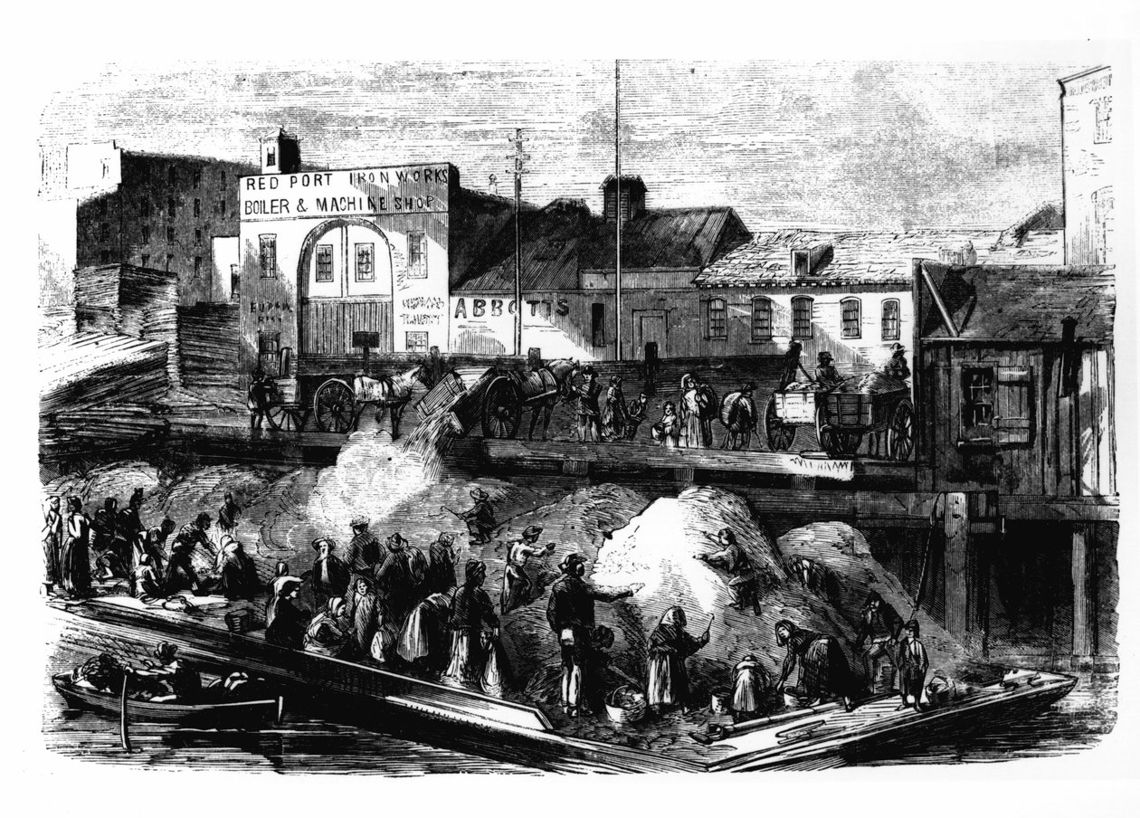 Des vagabonds ramassent des chiffons à vendre à la décharge de Beach Street, New York, vers 1870 - American School