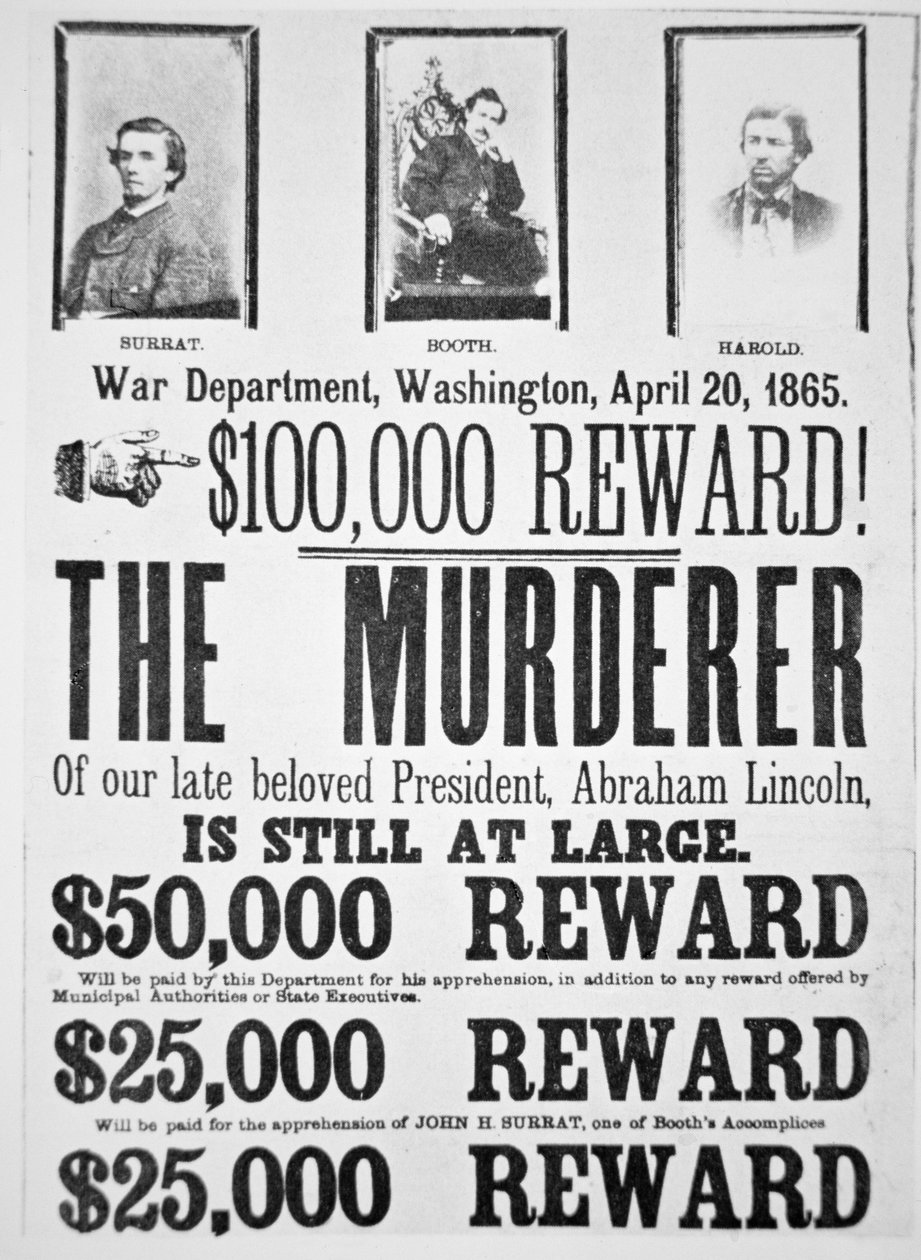 Affiche du département de la guerre de Washington annonçant une récompense pour trouver l
