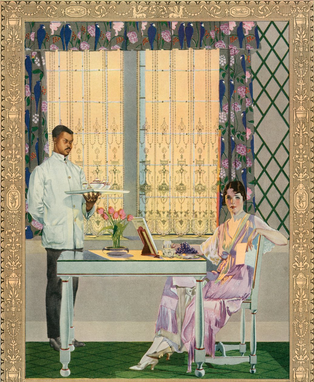 Femme riche servie au petit déjeuner dans un manoir - American School