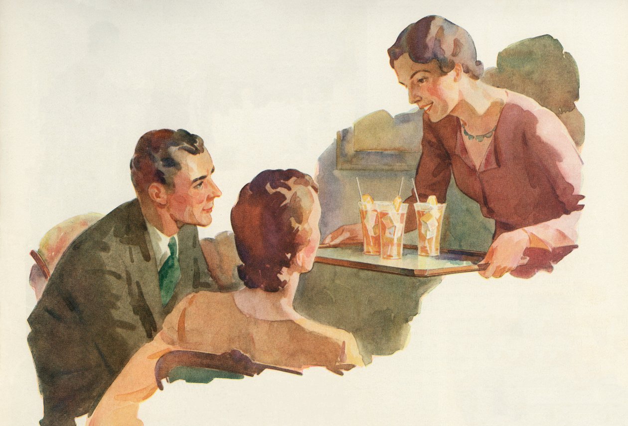 Femme servant du thé glacé à ses amis - American School
