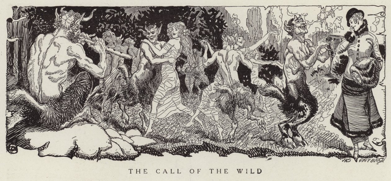 Femme tentée par des faunes de céder à ses pulsions les plus sauvages (litho) - American School