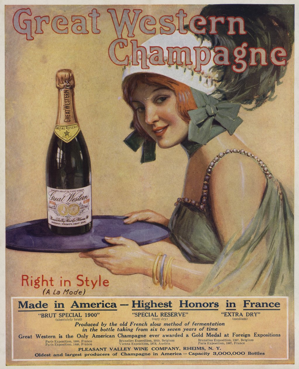 Jeune femme avec une bouteille de champagne, publicité pour Great Western Champagne (lithographie couleur) - American School