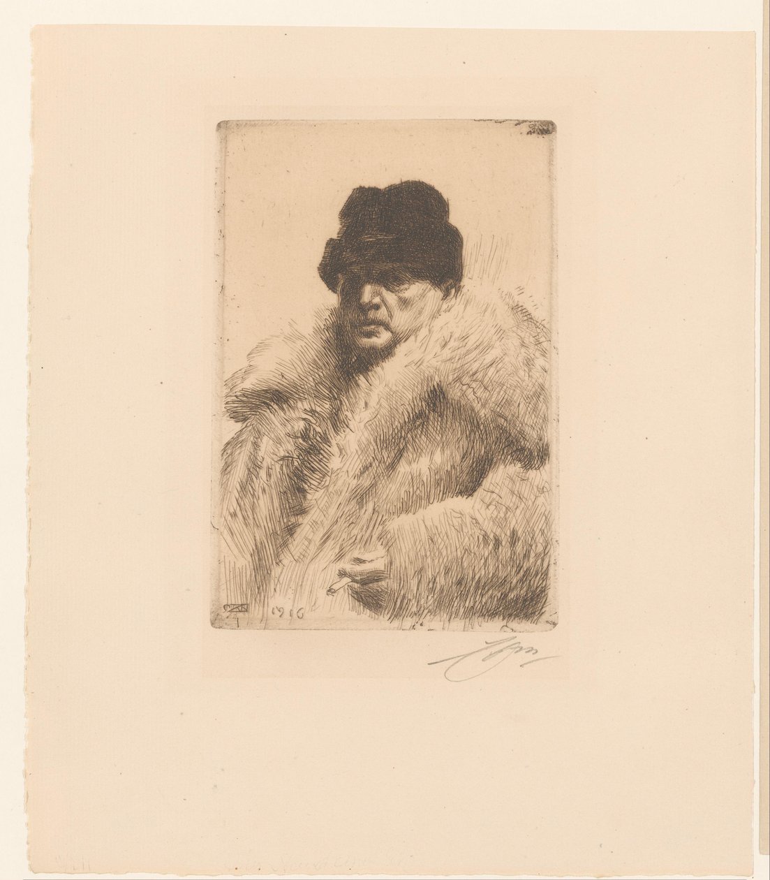 Autoportrait avec fourrure et chapeau - Anders Leonard Zorn (signed by artist)