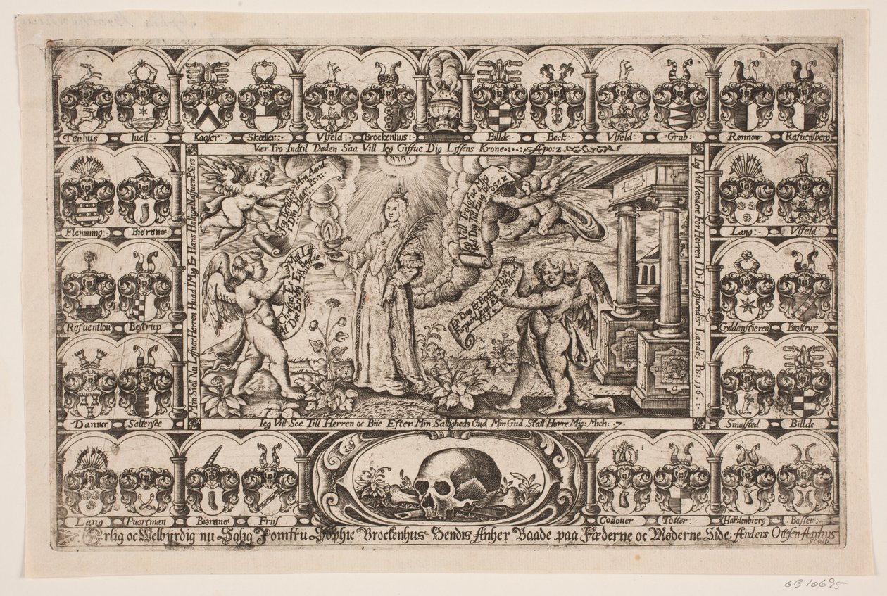 Sophie Brockenhuus et quatre génies, entourés de blasons. De l